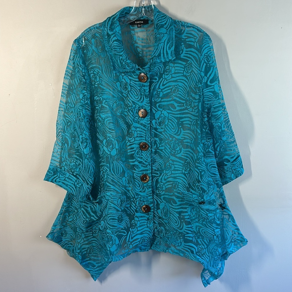 Kaktus Textured Turquoise Lagenlook Slouch Pockets Jacket Wooden Button Front L